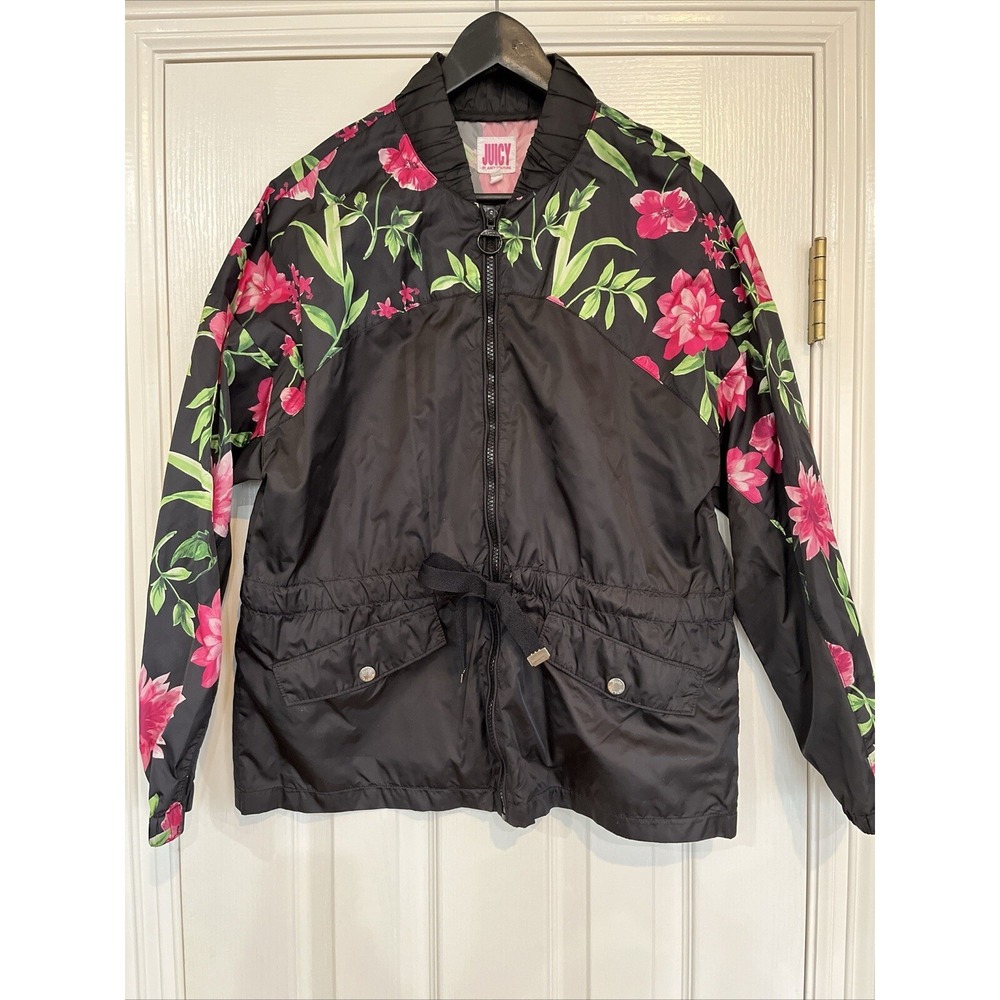 Juicy Couture Windbreaker  Zip Drawstring Waist Pockets Black Floral Size M
